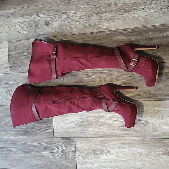 JustFab Shoes - NEW JUSTFAB BURGUNDY "DARNETTE" PLATFORM OVER THE KNEE BOOTS - REGULAR CALF